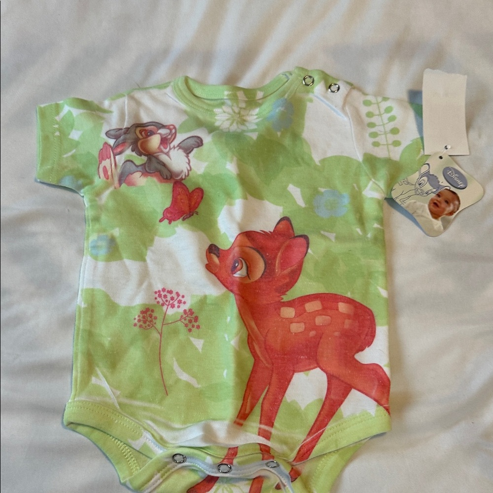 Disney Green and Red Bambi Bodysuit Size 6/9 Month